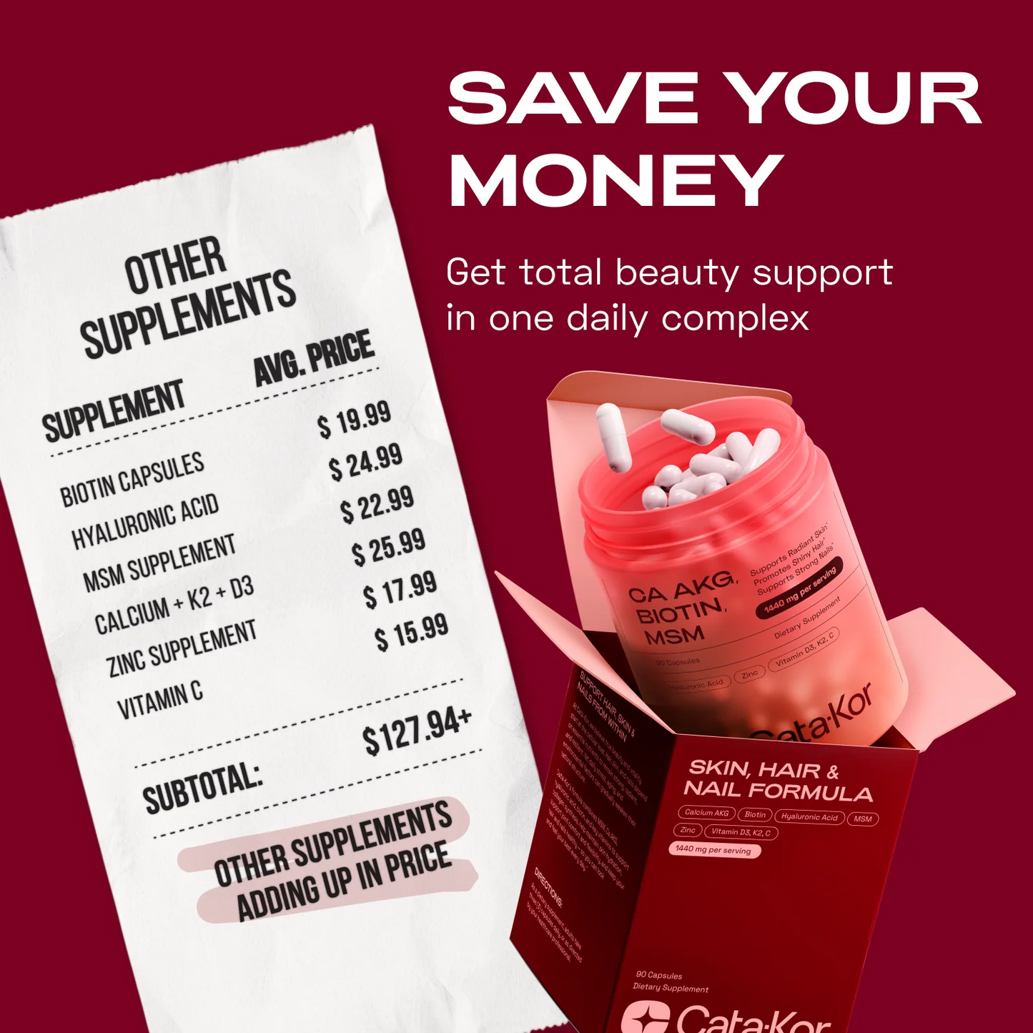 Cata-Kor Skin, Hair & Nails Supplement – Ca AKG, MSM, Hyaluronic Acid, Biotin